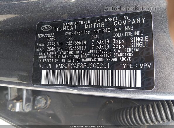 KM8JFCAE8PU200251 2023 HYUNDAI TUCSON Gray 