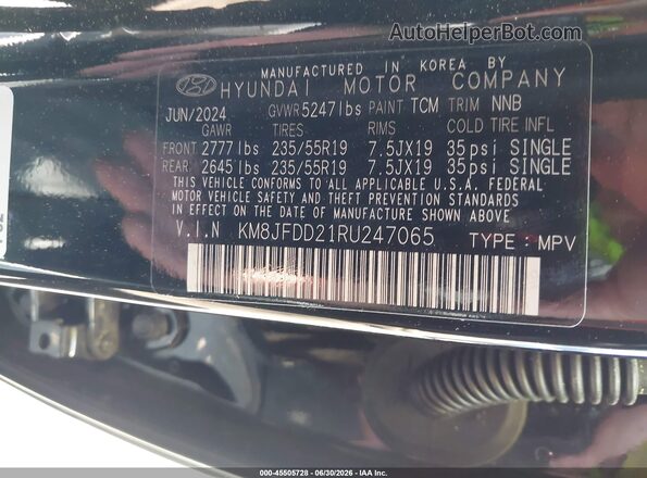 KM8JFDD21RU247065 2024 HYUNDAI TUCSON PLUG-IN HYBRID Black VIN კოდის სტიკერის ხედი