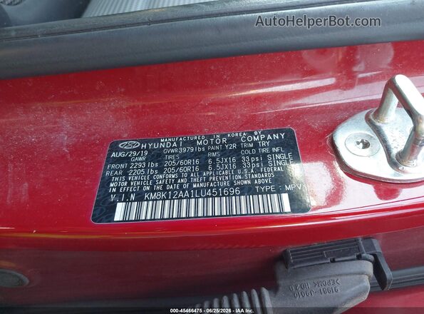 KM8K12AA1LU451696 2020 HYUNDAI KONA Red Вид підкапотного простору