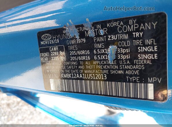 KM8K12AA1LU512013 2020 HYUNDAI KONA Blue Widok komory silnika