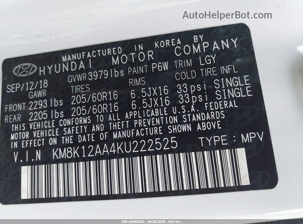KM8K12AA4KU222525 2019 HYUNDAI KONA White Շարժիչի բաժամունքի տեսք