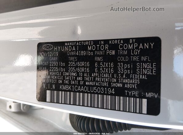 KM8K1CAA0LU503194 2020 HYUNDAI KONA White Vista del compartimento del motor