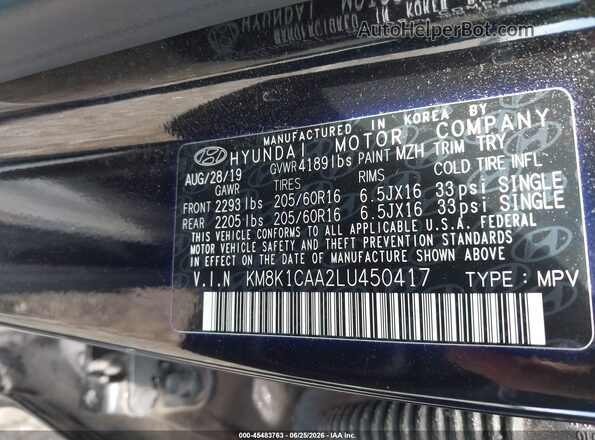 KM8K1CAA2LU450417 2020 HYUNDAI KONA Черный Вид подкапотного пространства