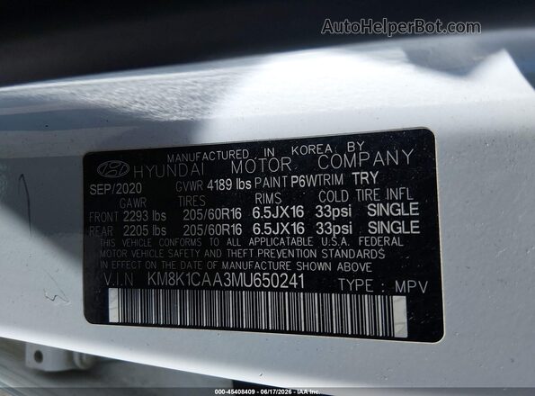KM8K1CAA3MU650241 2021 HYUNDAI KONA White Вид підкапотного простору