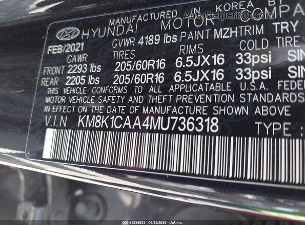 KM8K1CAA4MU736318 2021 HYUNDAI KONA Черный Вид подкапотного пространства