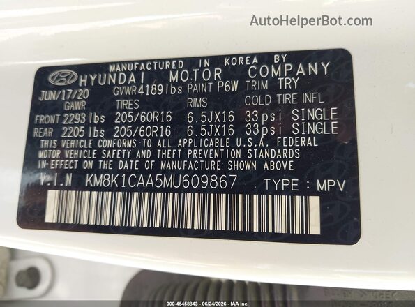 KM8K1CAA5MU609867 2021 HYUNDAI KONA White Engine compartment view