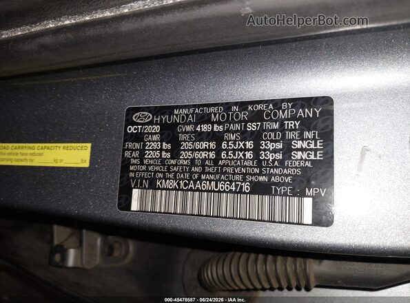 KM8K1CAA6MU664716 2021 HYUNDAI KONA Silver Vista del compartimento del motor