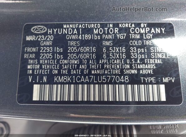 KM8K1CAA7LU577048 2020 HYUNDAI KONA Gray Շարժիչի բաժամունքի տեսք