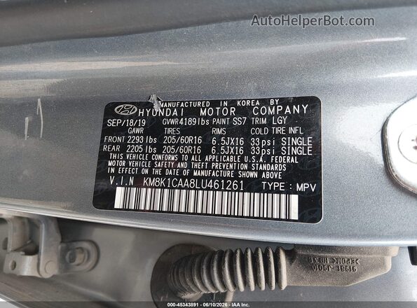 KM8K1CAA8LU461261 2020 HYUNDAI KONA Gray Vista del compartimento del motor