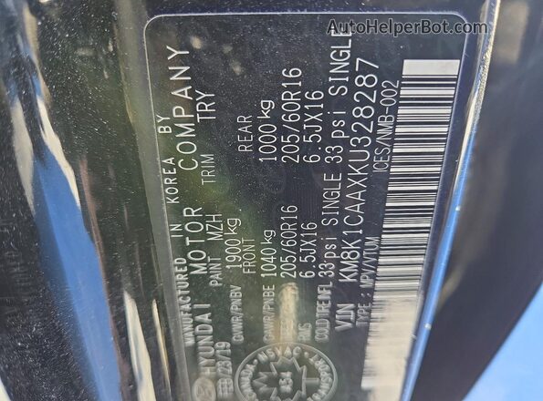 KM8K1CAAXKU328287 2019 HYUNDAI KONA Black 