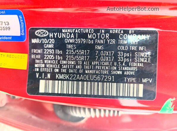 KM8K22AA0LU567291 2020 HYUNDAI KONA Red Widok komory silnika