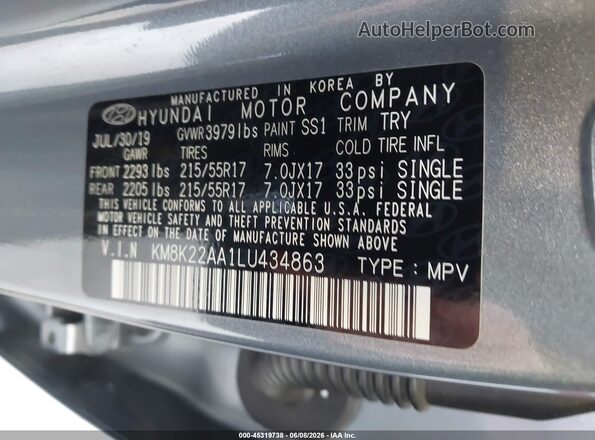 KM8K22AA1LU434863 2020 HYUNDAI KONA Blue Շարժիչի բաժամունքի տեսք