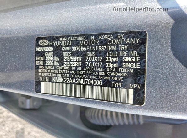 KM8K22AA2MU704006 2021 HYUNDAI KONA Gray VIN կոդի պիտակի տեսք