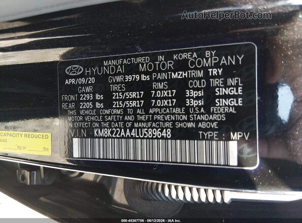 KM8K22AA4LU589648 2020 HYUNDAI KONA Черный Вид подкапотного пространства