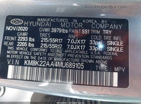 KM8K22AA4MU689105 2021 HYUNDAI KONA Gray Widok komory silnika