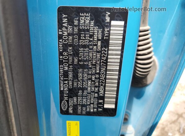 KM8K22AB3NU774222 2022 HYUNDAI KONA Blue VIN կոդի պիտակի տեսք