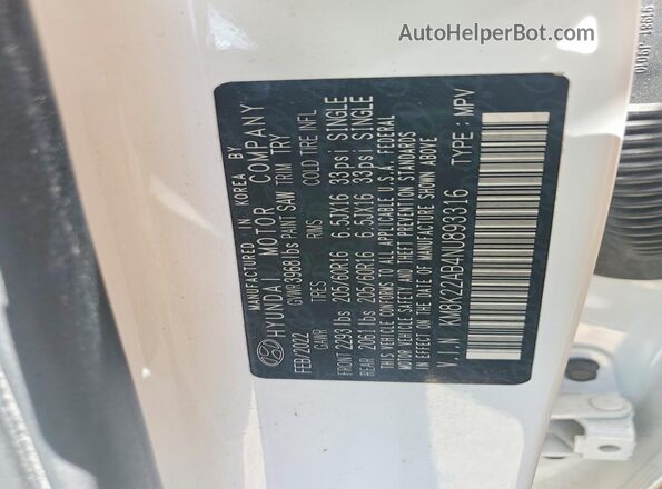 KM8K22AB4NU893316 2022 HYUNDAI KONA White VIN կոդի պիտակի տեսք