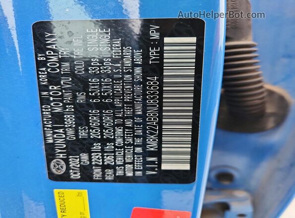 KM8K22AB8NU833684 2022 HYUNDAI KONA Blue Вид наклейки з VIN-кодом