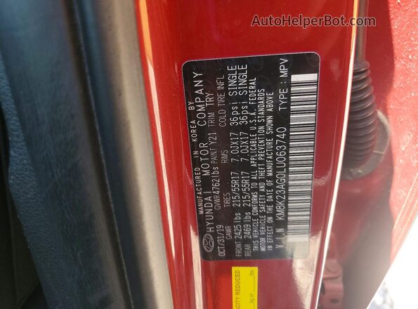 KM8K23AG0LU063740 2020 HYUNDAI KONA Red Вид наклейки з VIN-кодом
