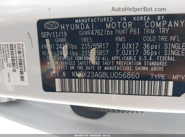 KM8K23AG8LU056860 2020 HYUNDAI KONA ELECTRIC White Շարժիչի բաժամունքի տեսք