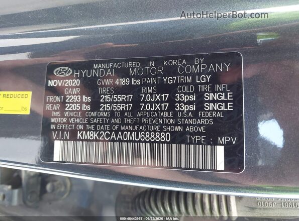 KM8K2CAA0MU688880 2021 HYUNDAI KONA Gray Շարժիչի բաժամունքի տեսք