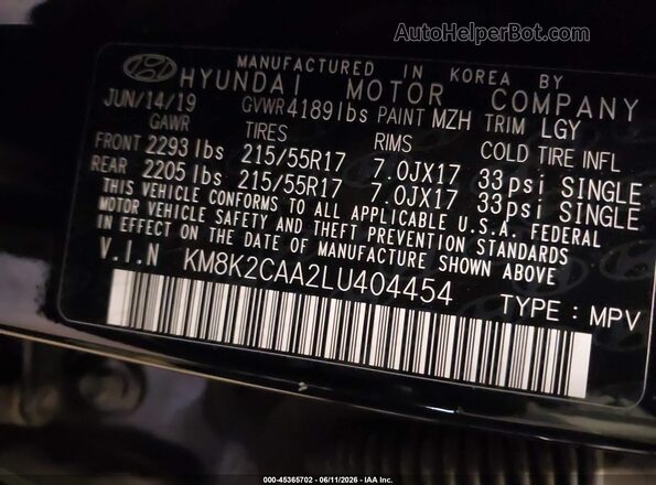 KM8K2CAA2LU404454 2020 HYUNDAI KONA Black Engine compartment view