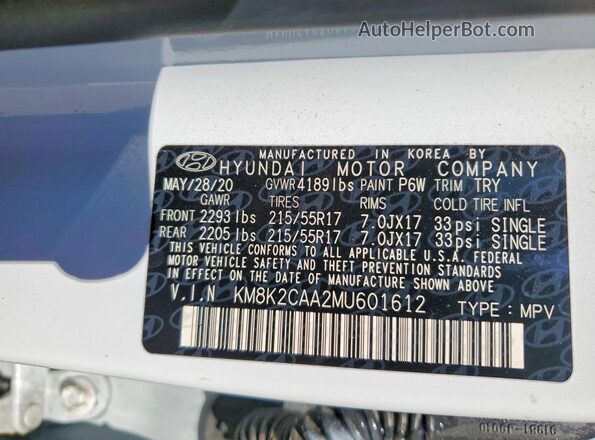 KM8K2CAA2MU601612 2021 HYUNDAI KONA White VIN sticker view