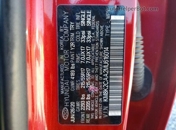 KM8K2CAA2MU616014 2021 HYUNDAI KONA Red VIN կոդի պիտակի տեսք