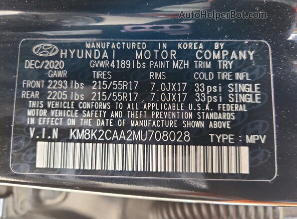 KM8K2CAA2MU708028 2021 HYUNDAI KONA Черный Вид наклейки с VIN-кодом