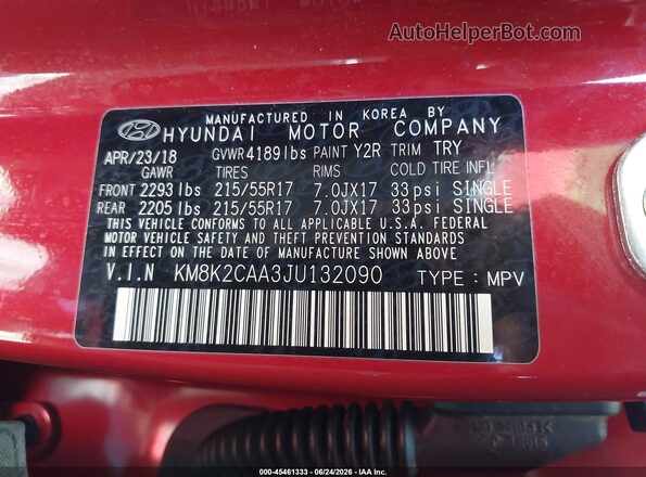 KM8K2CAA3JU132090 2018 HYUNDAI KONA Red Вид підкапотного простору