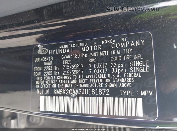 KM8K2CAA3JU181872 2018 HYUNDAI KONA Черный Вид подкапотного пространства