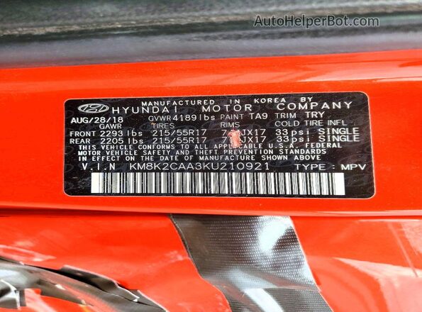 KM8K2CAA3KU210921 2019 HYUNDAI KONA Orange 