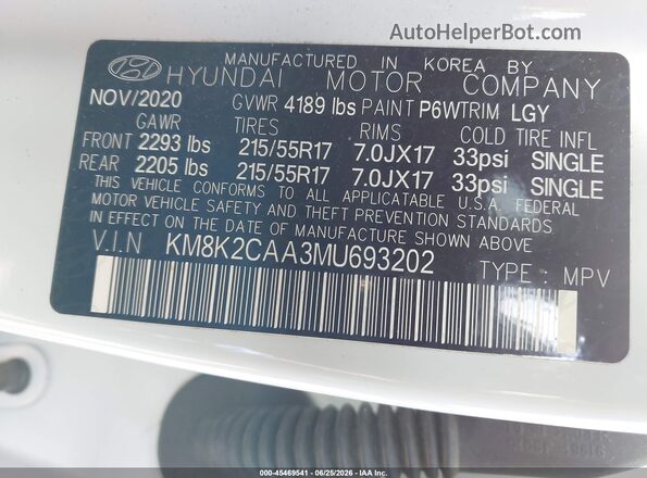 KM8K2CAA3MU693202 2021 HYUNDAI KONA White Engine compartment view