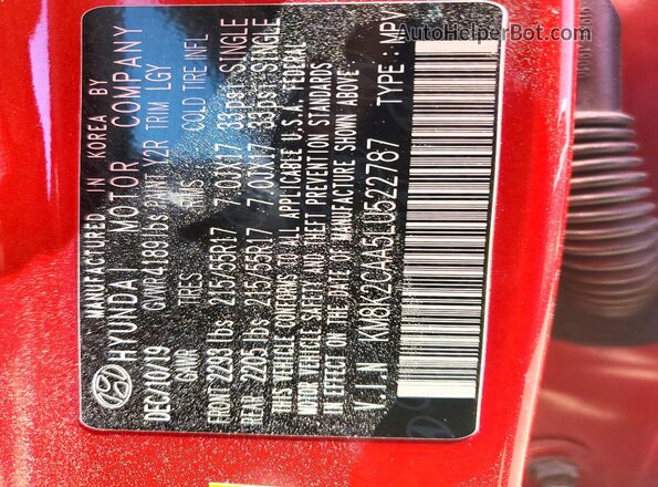 KM8K2CAA5LU522787 2020 HYUNDAI KONA Red Շարժիչի բաժամունքի տեսք