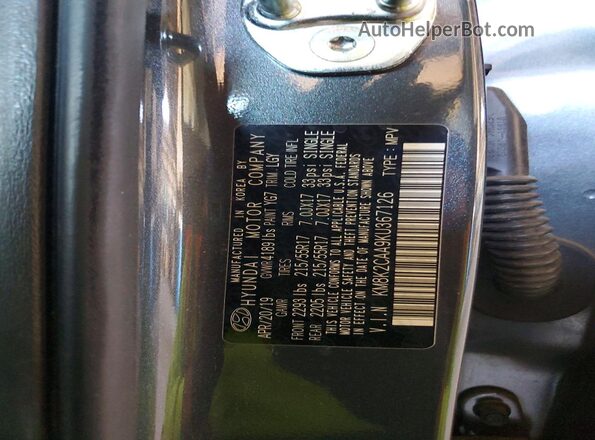 KM8K2CAA9KU367126 2019 HYUNDAI KONA Charcoal Vista de la etiqueta del VIN