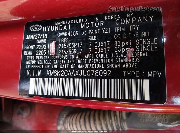 KM8K2CAAXJU078092 2018 HYUNDAI KONA Red Շարժիչի բաժամունքի տեսք