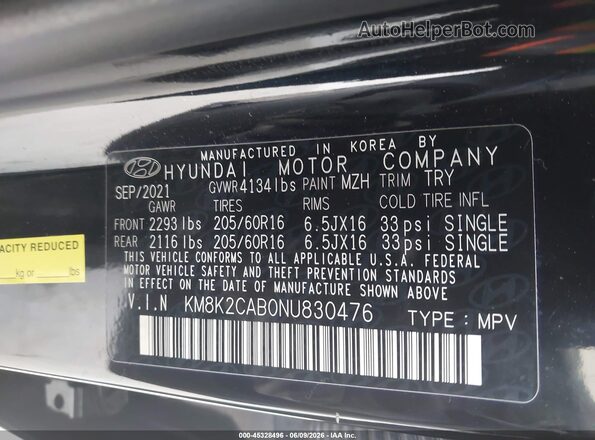 KM8K2CAB0NU830476 2022 HYUNDAI KONA Черный Вид подкапотного пространства