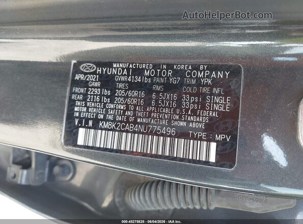 KM8K2CAB4NU775496 2022 HYUNDAI KONA Gray Вид підкапотного простору