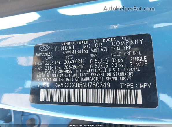 KM8K2CAB5NU780349 2022 HYUNDAI KONA Blue Widok komory silnika