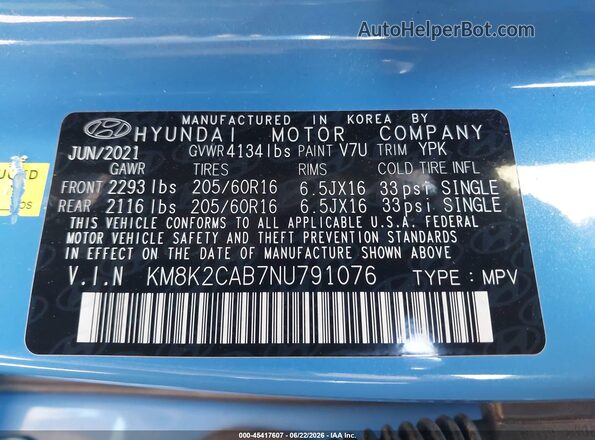 KM8K2CAB7NU791076 2022 HYUNDAI KONA Blue Շարժիչի բաժամունքի տեսք