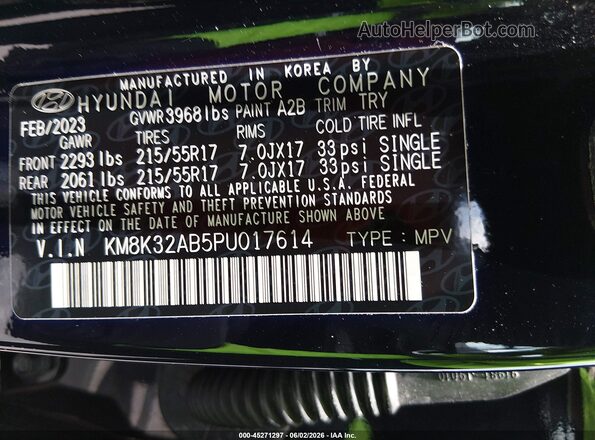 KM8K32AB5PU017614 2023 HYUNDAI KONA Black Vista del compartimento del motor