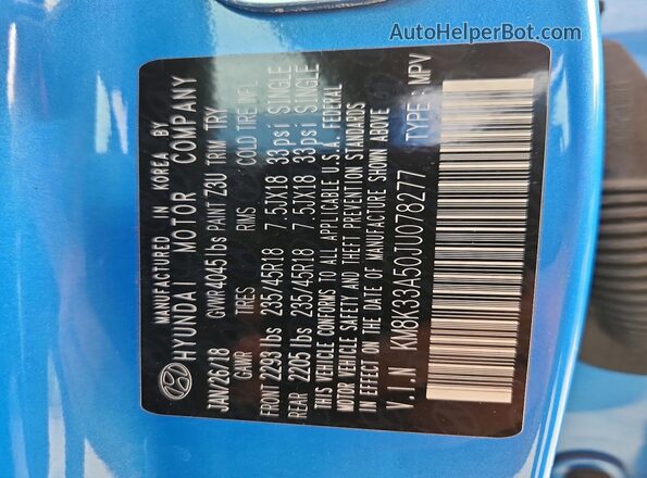 KM8K33A50JU078277 2018 HYUNDAI KONA Blue 