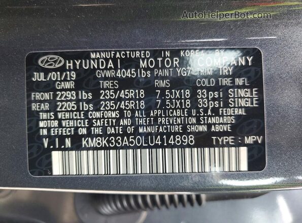 KM8K33A50LU414898 2020 HYUNDAI KONA Gray Вид підкапотного простору