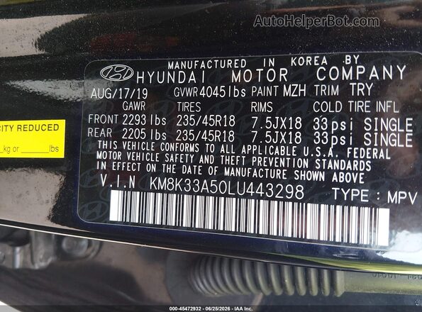 KM8K33A50LU443298 2020 HYUNDAI KONA Black Вид підкапотного простору