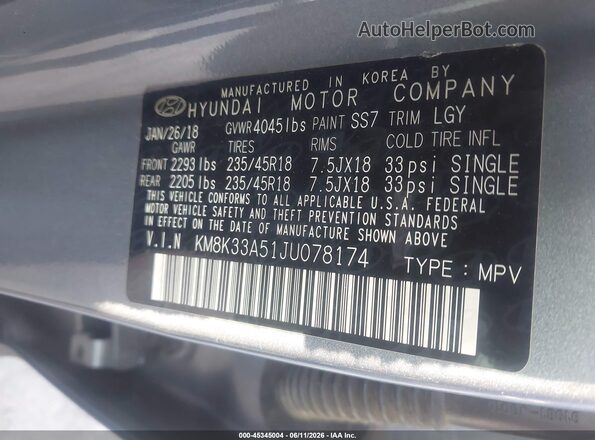 KM8K33A51JU078174 2018 HYUNDAI KONA Gray Շարժիչի բաժամունքի տեսք