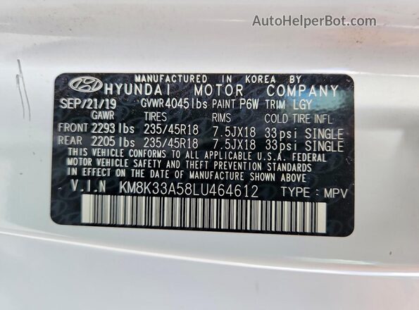KM8K33A58LU464612 2020 HYUNDAI KONA White 