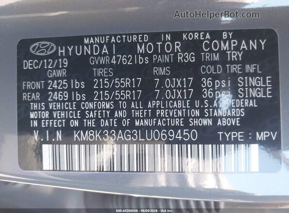 KM8K33AG3LU069450 2020 HYUNDAI KONA ELECTRIC Gray Շարժիչի բաժամունքի տեսք