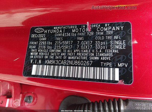 KM8K3CAB2NU860267 2022 HYUNDAI KONA Red Շարժիչի բաժամունքի տեսք