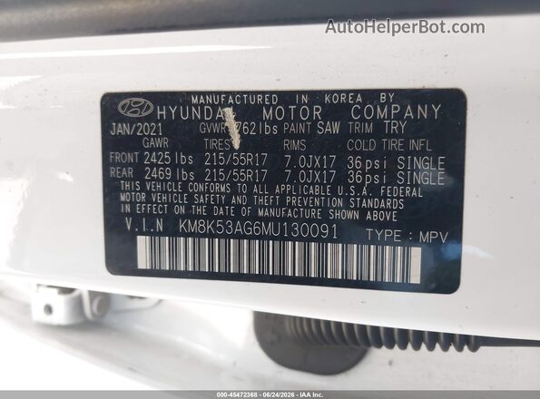KM8K53AG6MU130091 2021 HYUNDAI KONA ELECTRIC White Вид підкапотного простору