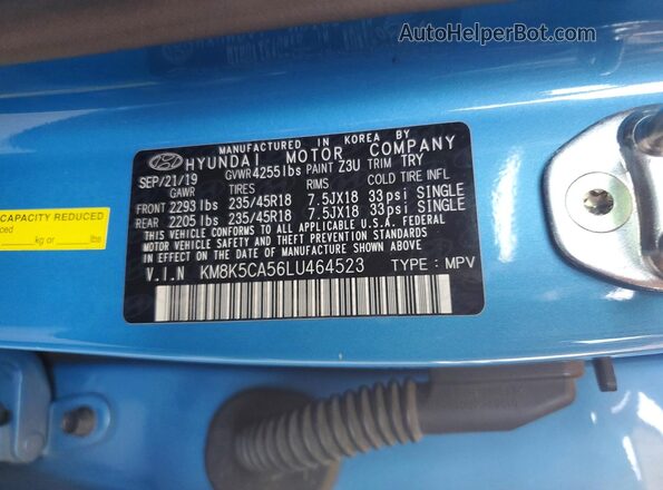 KM8K5CA56LU464523 2020 HYUNDAI KONA Blue VIN კოდის სტიკერის ხედი